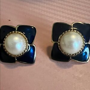 Gold and Blue Floral Pearl Earrings